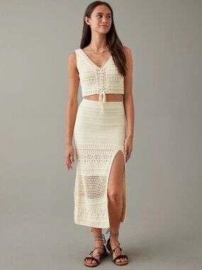 American Eagle AE Knit Slit Midi Skirt and Crop Top in Vintage Sail Size XXL XL